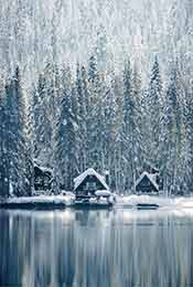 森林中湖边的小木屋雪景超清唯美手机壁纸图片
