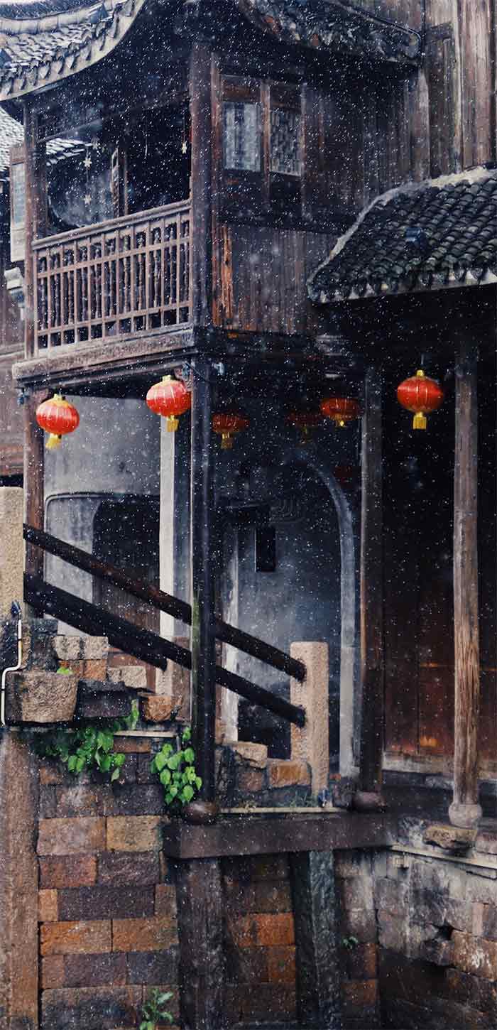雪天里的江南古镇小楼超清唯美手机壁纸图片