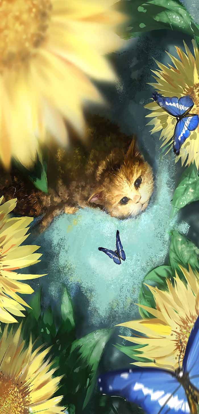 唯美动漫手机壁纸向日葵中的可爱小猫高清手机壁纸图片