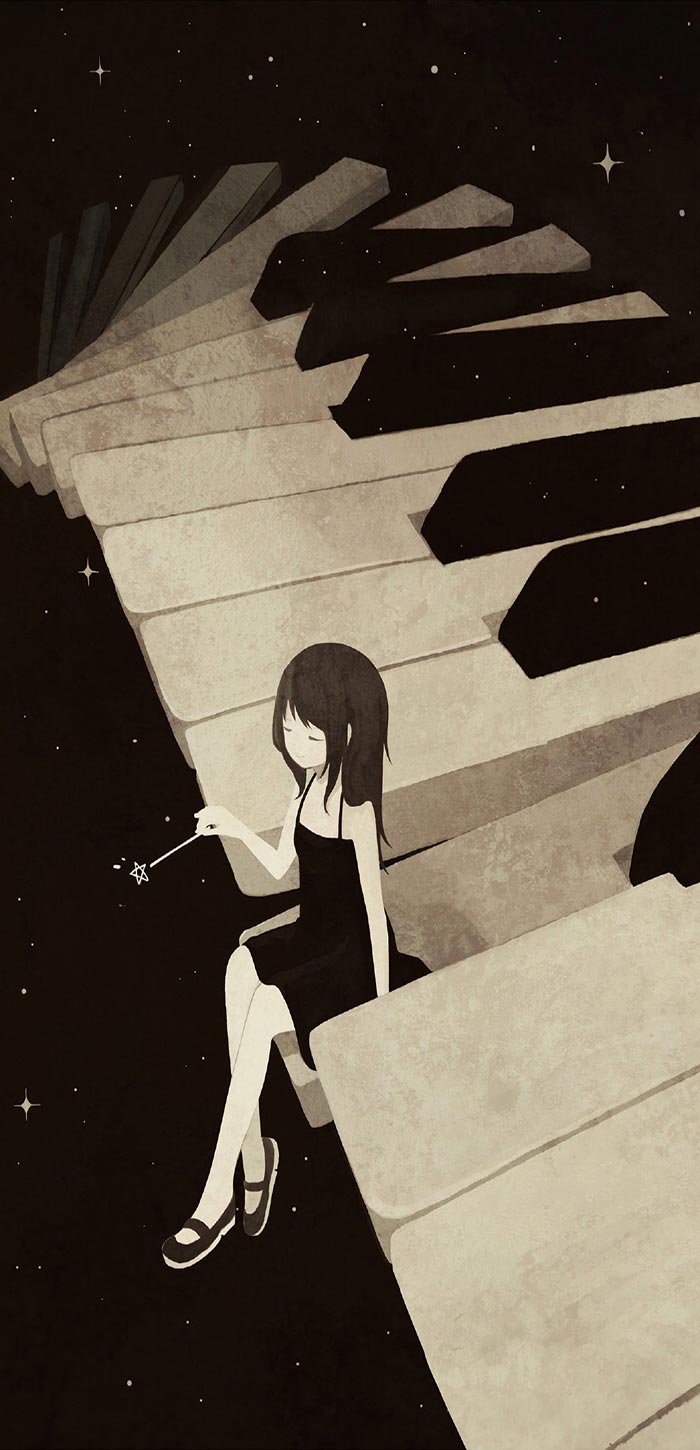 动漫简约风格手机壁纸坐在钢琴上的小女孩高清手机壁纸图片
