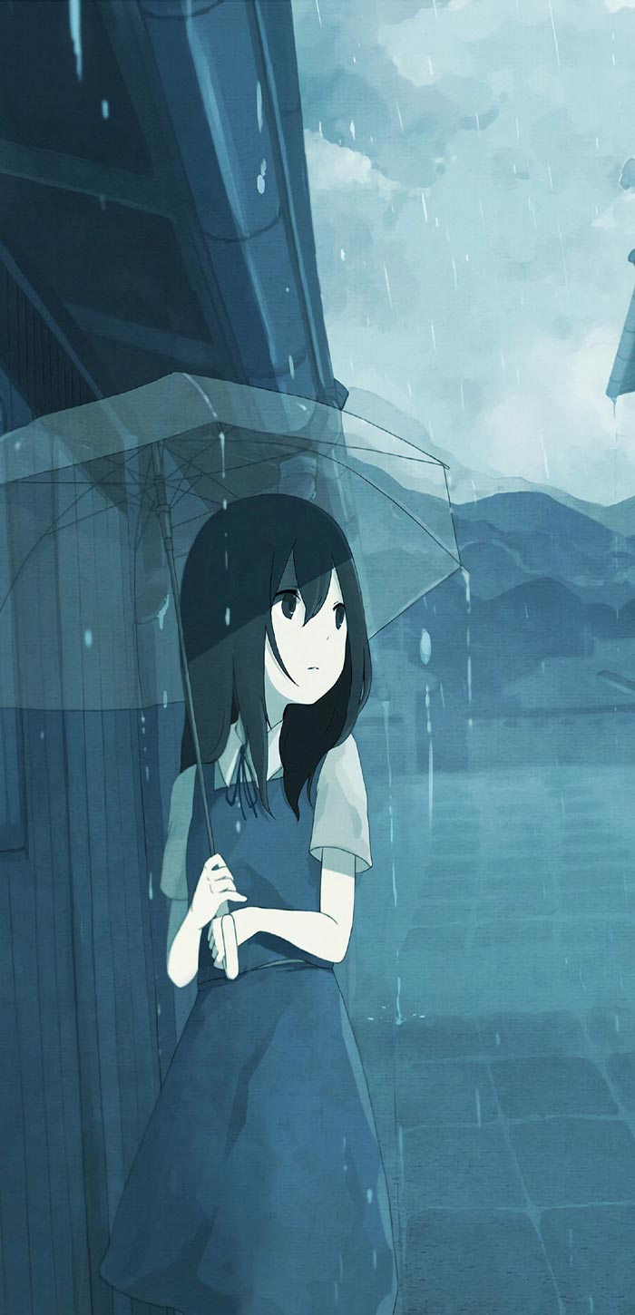唯美简约风格动漫手机壁纸站在雨中撑伞的小女孩高清手机屏保图片