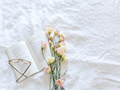 床上的书本和粉色鲜花超清唯美桌面屏保图片
