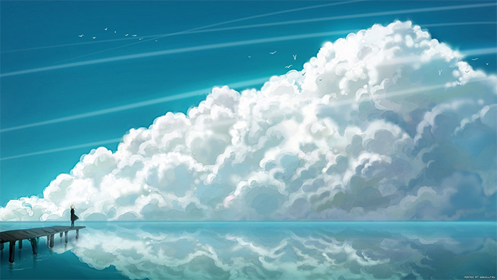 白云下碧蓝湖泊上的码头超清唯美桌面动漫壁纸图片