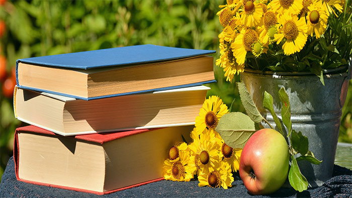 苹果黄花和书本超清唯美桌面壁纸图片