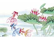 手繪中國風錦鯉在荷花中嬉戲的高清桌面壁紙