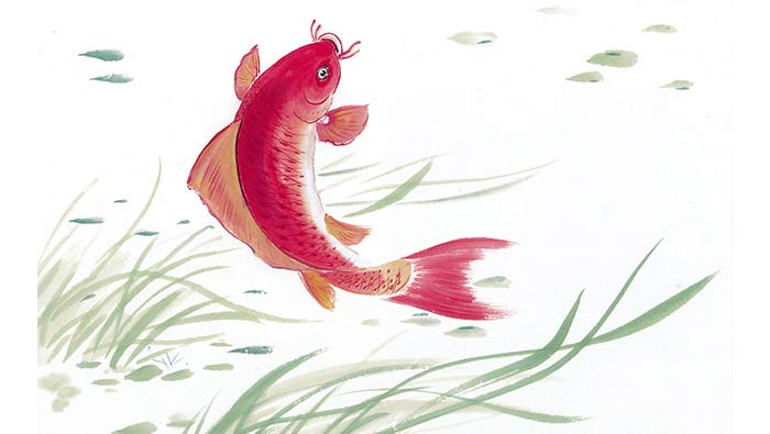手绘古风红色的锦鲤跳跃卡通壁纸