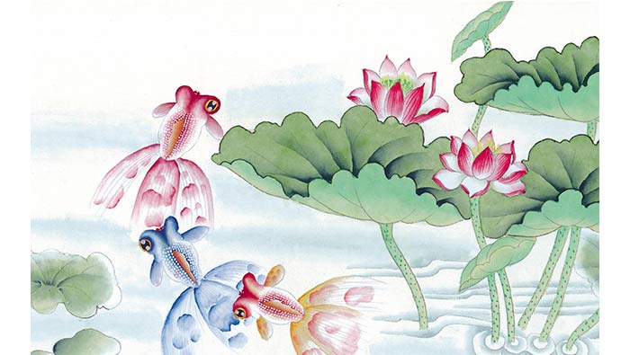 手绘中国风锦鲤在荷花中嬉戏的高清桌面壁纸