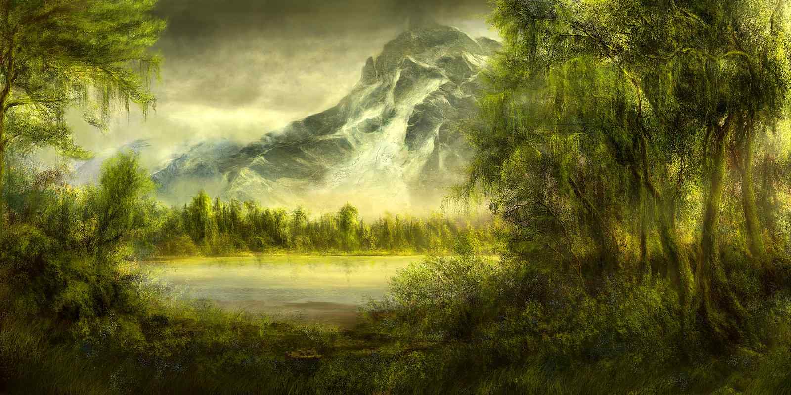 油画风格绿树萦绕群山壁纸（by XSereneiX）