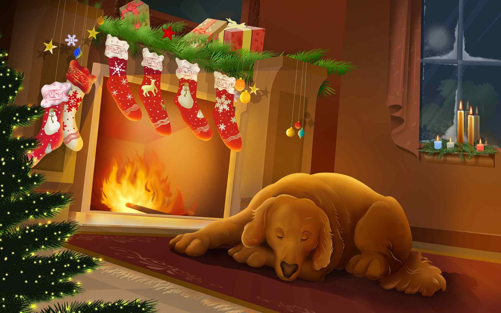 火炉前熟睡的狗狗圣诞节卡通电脑桌面