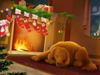火炉前熟睡的狗狗圣诞节卡通电脑桌面