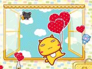 可爱的大肥猫爱心气球遨游天空桌面壁纸