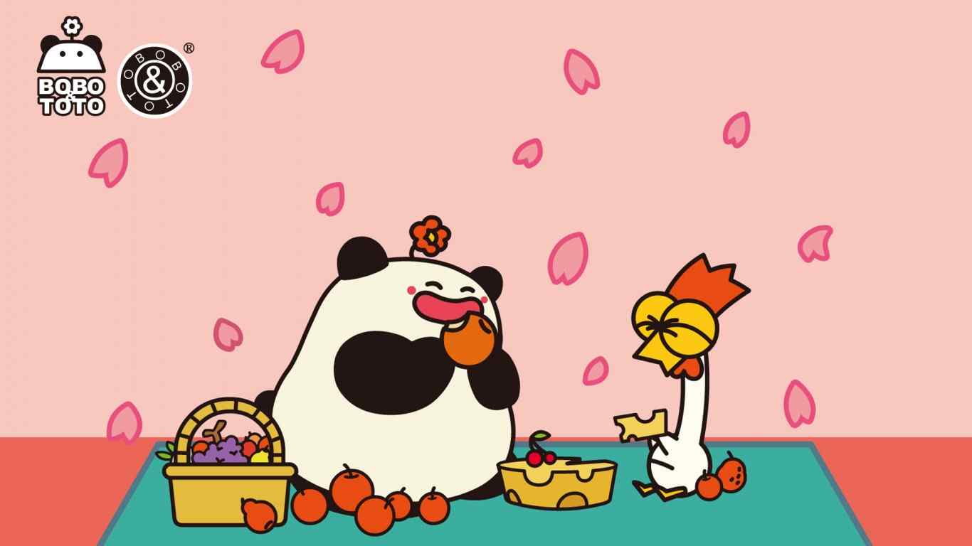 熊猫和公鸡一起野餐快乐桌面壁纸