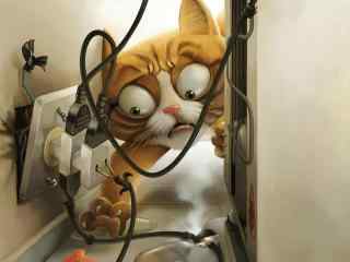 惊恐猫咪修电路桌面壁纸