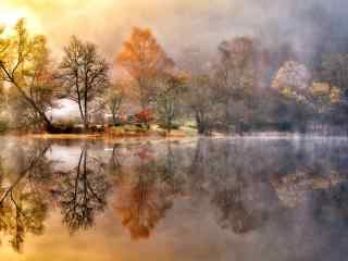 云雾缭绕的初秋早晨唯美树林自然风光桌面壁纸(一)