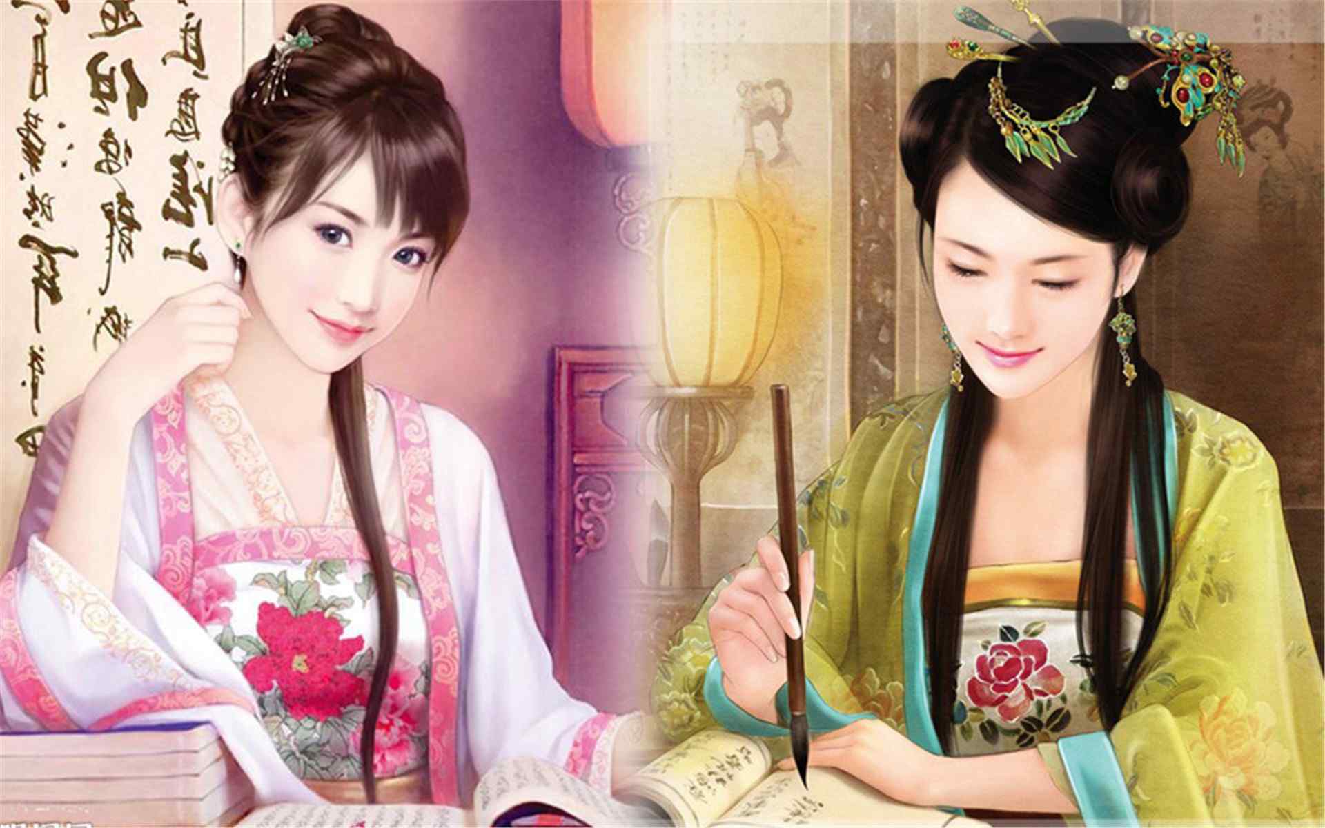 手绘古典优雅的中国风古装美女桌面壁纸