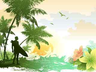 海滩椰树手绘风景壁纸