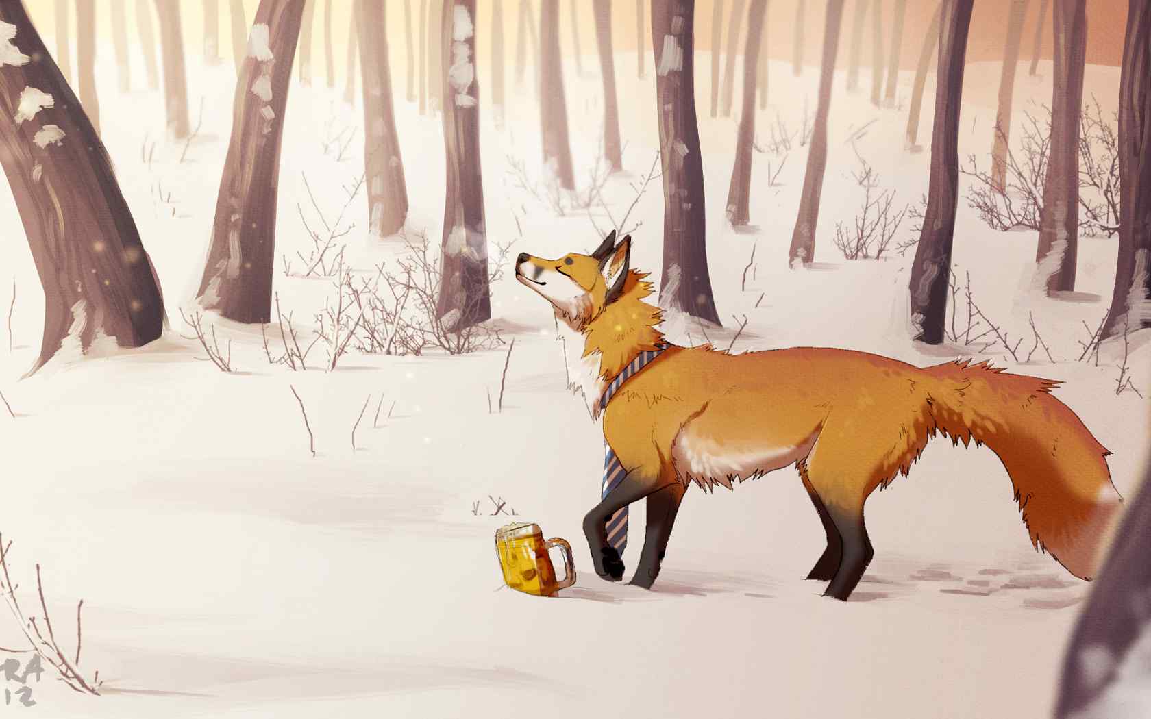 森林雪景手绘狐狸壁纸