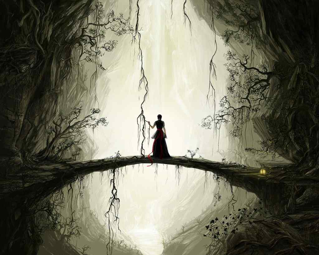 古色古香的鹊桥-fantasy woman silhouette sitting bridge