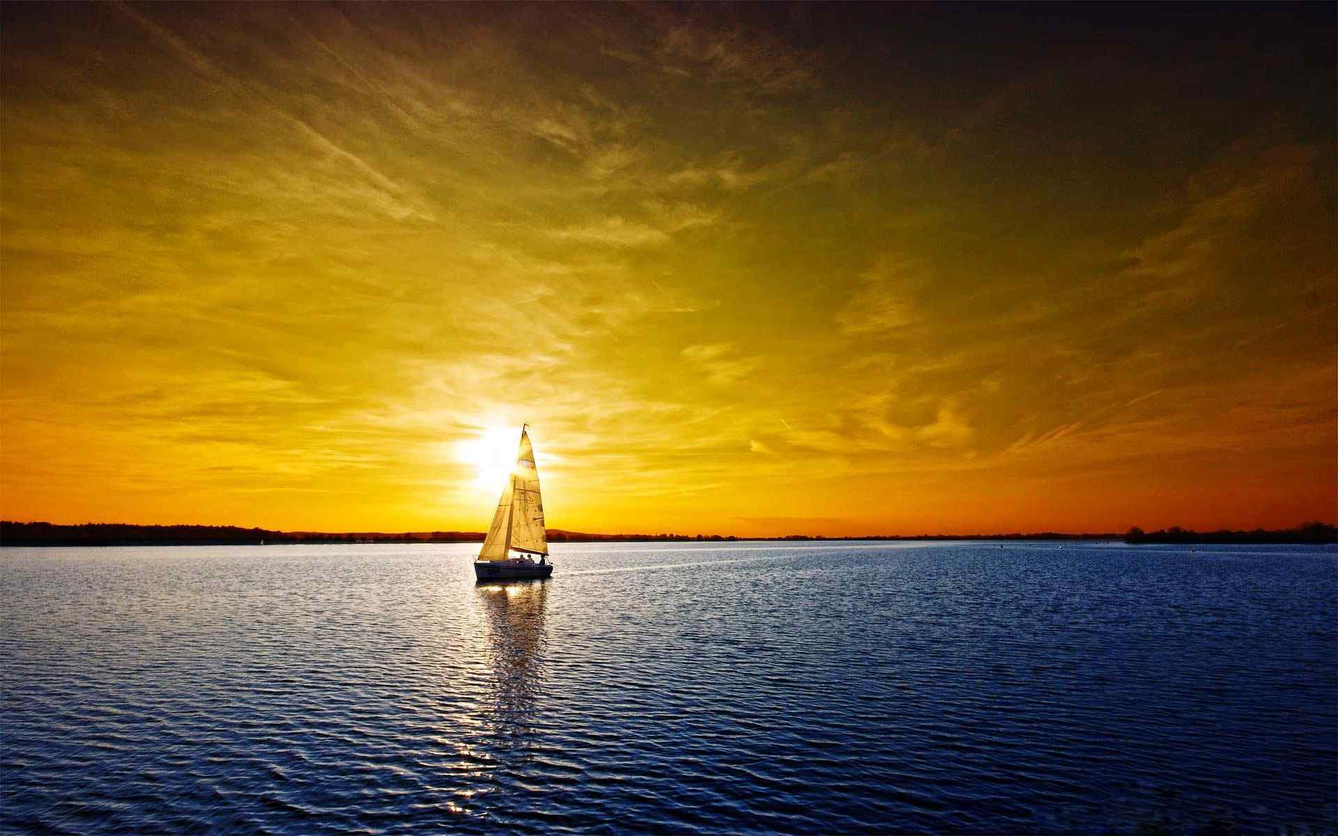 孤帆落日海面风景壁纸