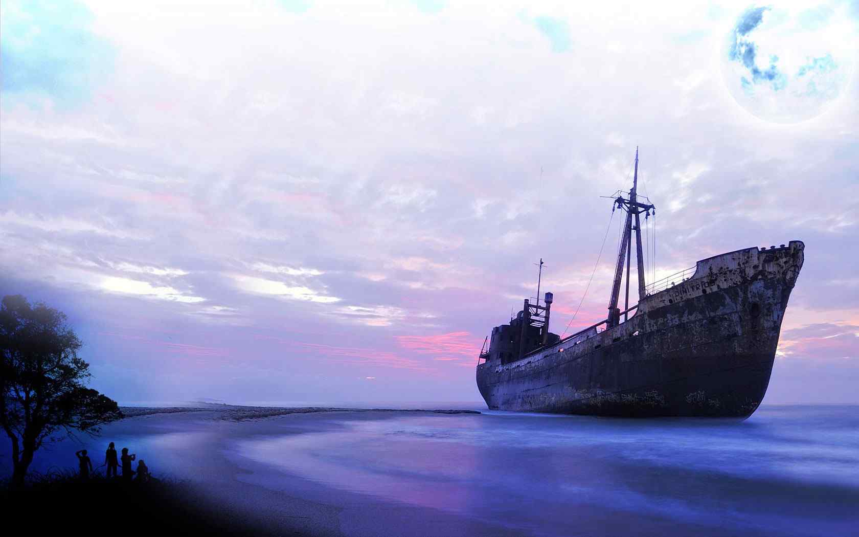 夕阳航船风景壁纸